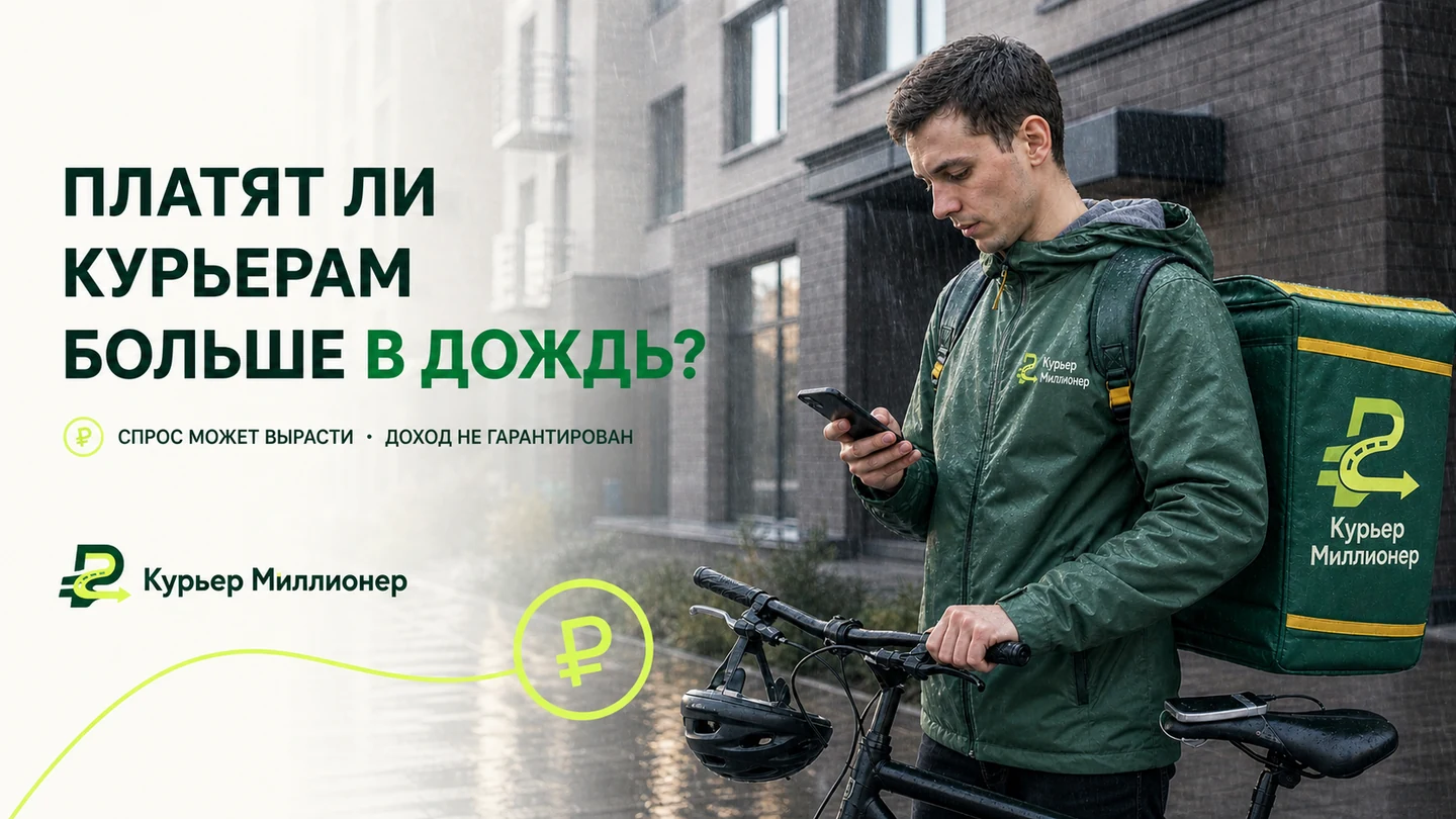 Курьер с зелёной термосумкой идёт по городу под дождём